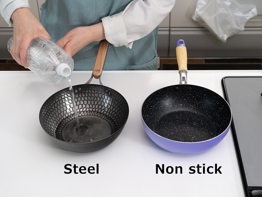 We boil pure water in each pan for three minutes.
