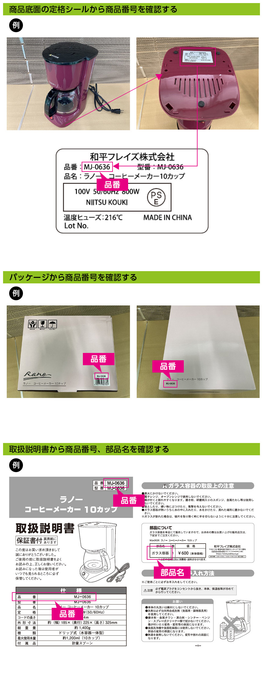 調理家電の品番や部品名の調べ方を教えて下さい。