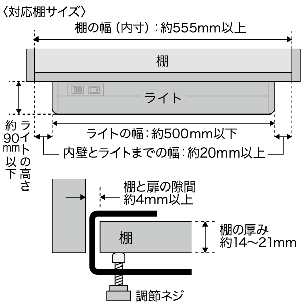 棚に差し込み、調節ネジを締め固定してください。