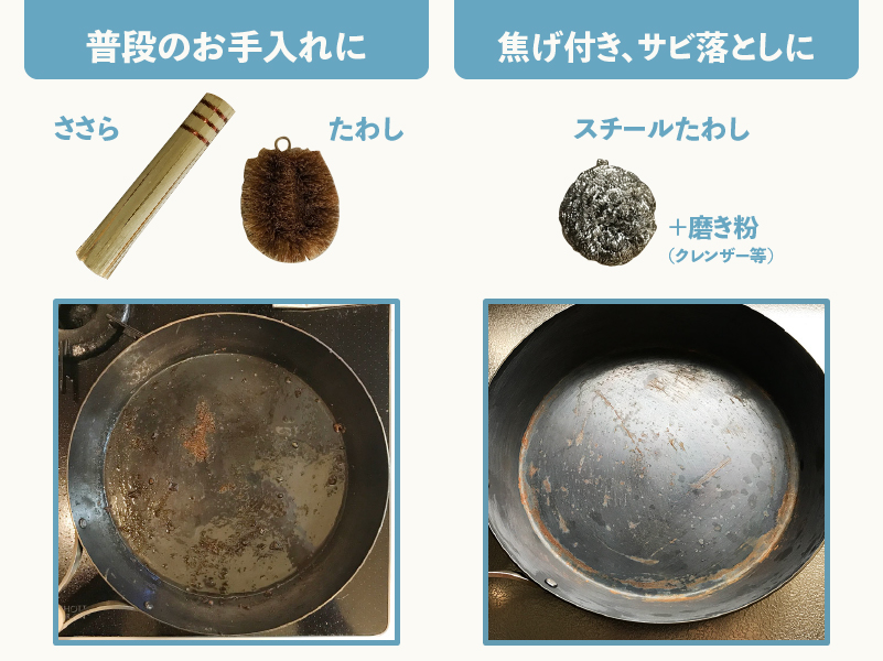 鉄のフライパンを洗う道具の使い分け